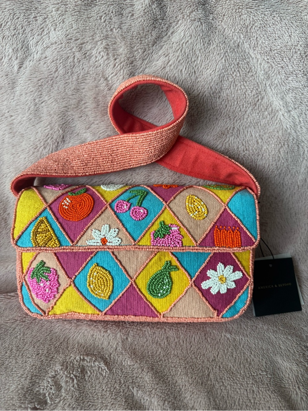 NWT Viral Beaded Fruit Pattern Shoulder Bag - Pink/Coral